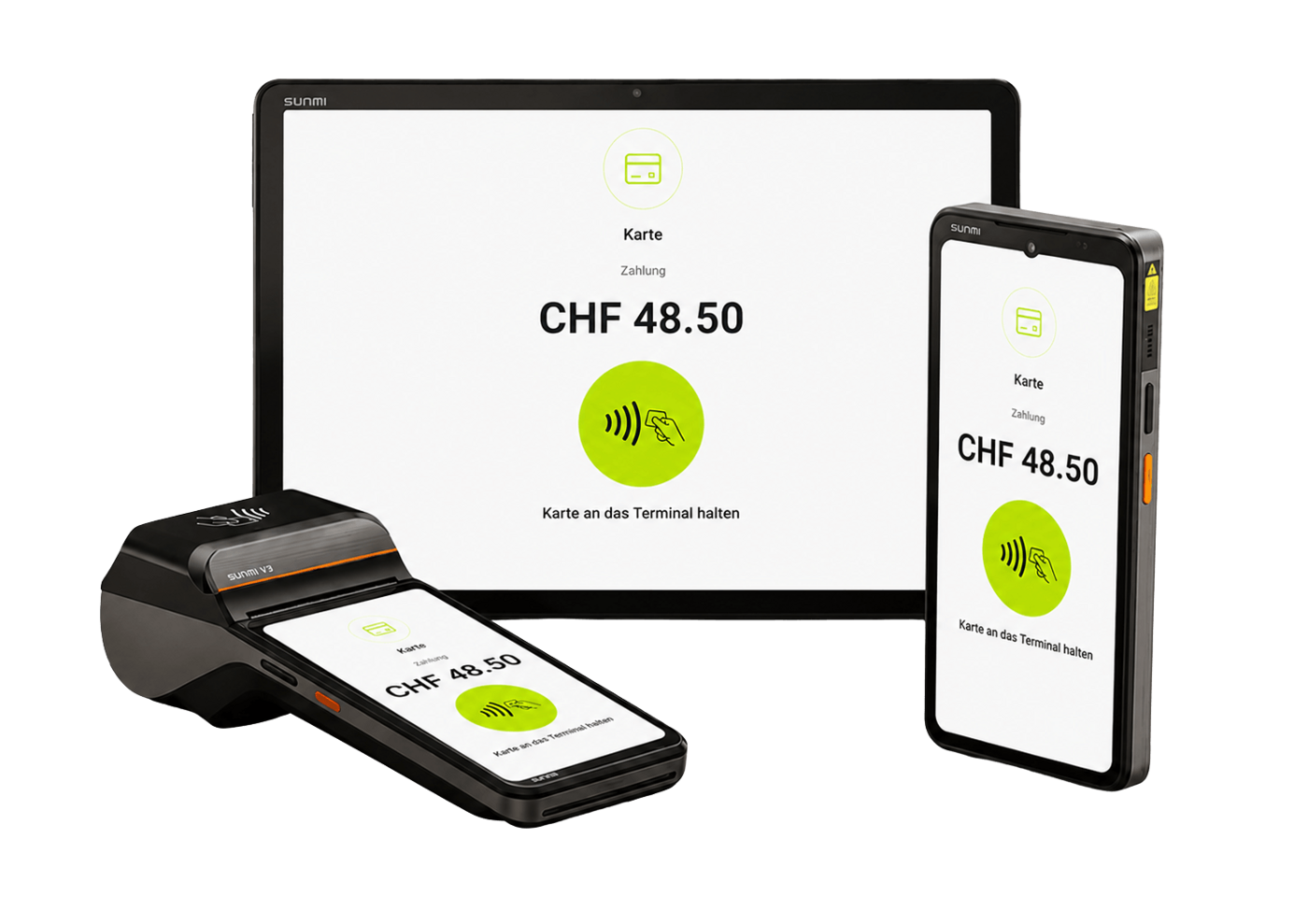 adunopay terminal, tablet and phone showing a CHF 48.50 card payment