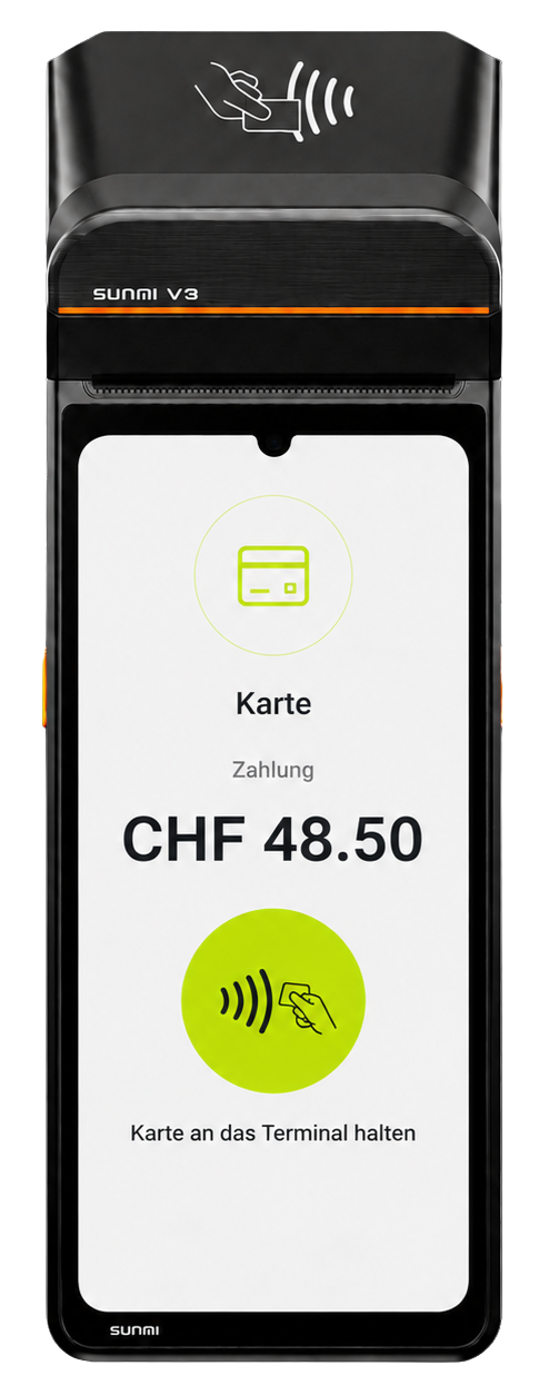 adunopay terminal app prompting for a CHF 48.50 card payment